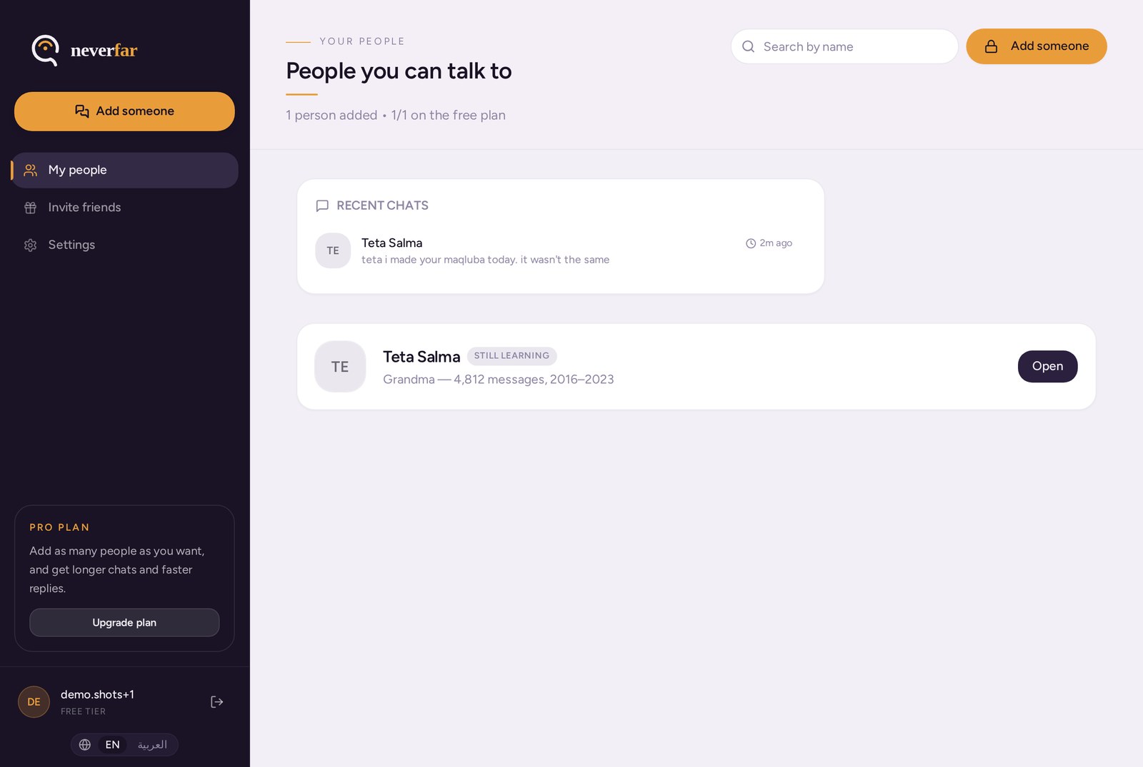 The Neverfar app showing a list of people you can talk to.
